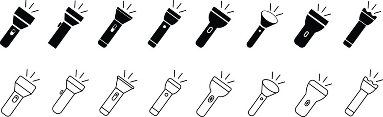 Hand torch flashlight set, black vector collection of electric lantern group in flat and line style, portable light, battery lamp, emergency beam outline, glowing tool icon bundle