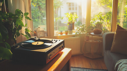 A record player on a wooden stand in a sunlit room with plants and a window to the outside world