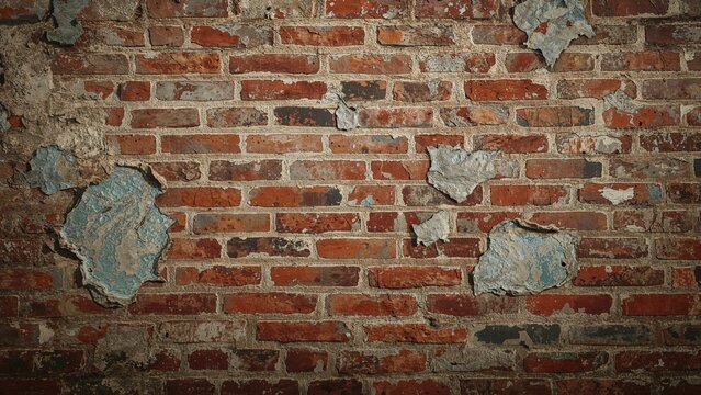 Aged brick facade with shattered blue plaster sections, room for text insertion