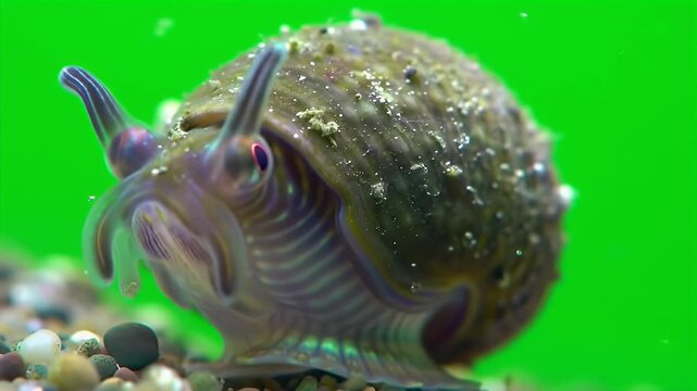 Detailed Close-Up of an Aquatic Snail on Substrate with Vibrant Green Background, Showcasing its Shell and Tentacles in a Freshwater Environment