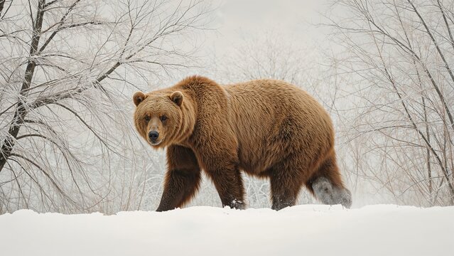 A Brown Bear Trekking Through Snowy Woods in Winter