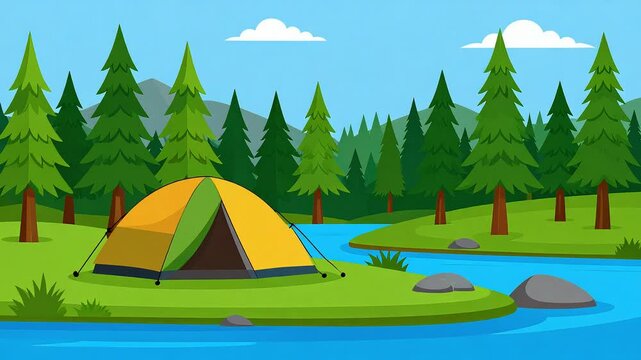 Campsite by riverside forest illustration