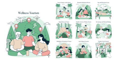 Fototapeta premium Wellness Tourism Activities Vector Illustration Set