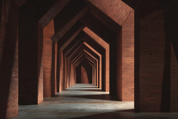 Brick Arched Corridor: A long corridor with brick arches creating a tunnel effect with light and shadows.