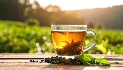 Tea cup on wooden table, sunset view
