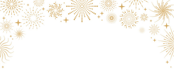 Exploding Festival Fireworks with Stars and Sparks. Happy New Year. Sparkling, festive, holiday banner, celebration. Salute, Petard. Concept for greeting card, holiday banner, cover, poster, flyer