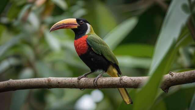 The crimson rumped toucanet inhabits tropical rainforests in South America