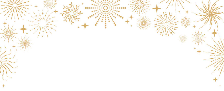 Exploding Festival Fireworks with Stars and Sparks. Happy New Year. Sparkling, festive, holiday banner, celebration. Salute, Petard. Concept for greeting card, holiday banner, cover, poster, flyer
