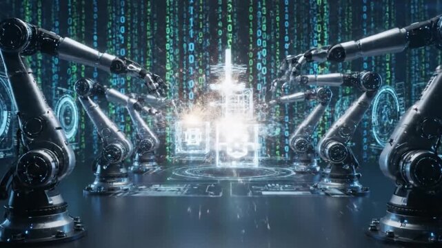 Futuristic robotic arms working in synchronization against a backdrop of flowing digital data, glowing binary code, and holographic interface elements. The arms move with precision, assembling
