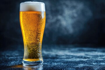 Chilled golden beer in a tall glass with foam head on a dark moody background, perfect for beverage ads, bar menus, brewing promotions, and lifestyle content