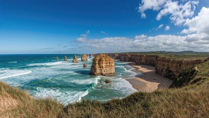 Expansive coastal scene with sandy dunes, imposing cliffs, and a sky streaked with clouds.