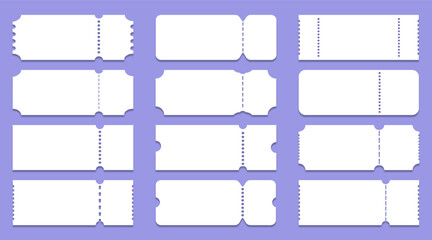 Blank ticket templates on purple background. Realistic white mockup for concert, cinema, event, coupon, raffle, boarding pass.