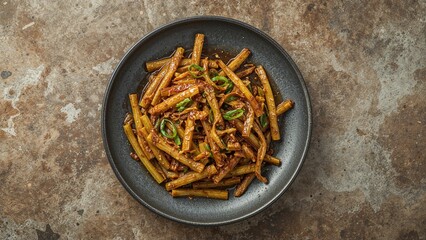 Delicious bamboo shoot stir-fry displayed on a rugged stone backdrop. Aerial view with room for design elements.