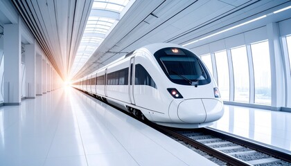 Fototapeta premium A futuristic white train glides through a luminous station, echoing velocity, precision, and the elegance of technological progress.