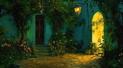 Night garden courtyard, vibrant hues