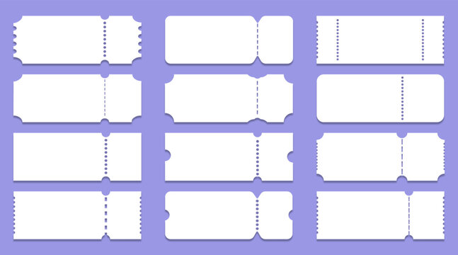 Blank ticket templates on purple background. Realistic white mockup for concert, cinema, event, coupon, raffle, boarding pass.