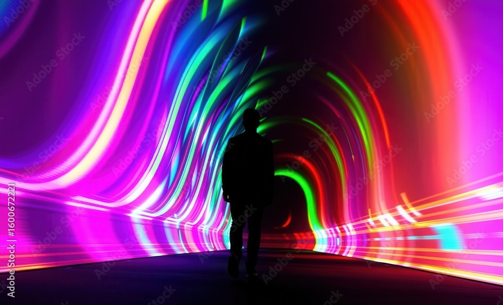 Aufkleber silhouette of a person walking through a vibrant colorful tunnel with abstract light patterns vibran