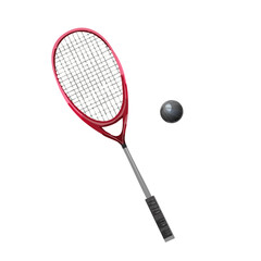 squash red color racket and black rubber ball , sports illustration