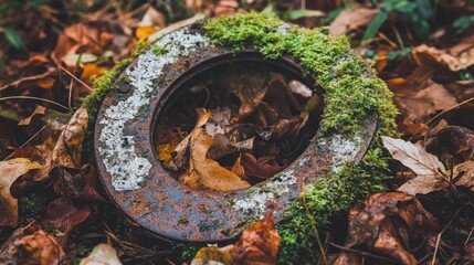 Rusty metal ring covered in moss and leaves