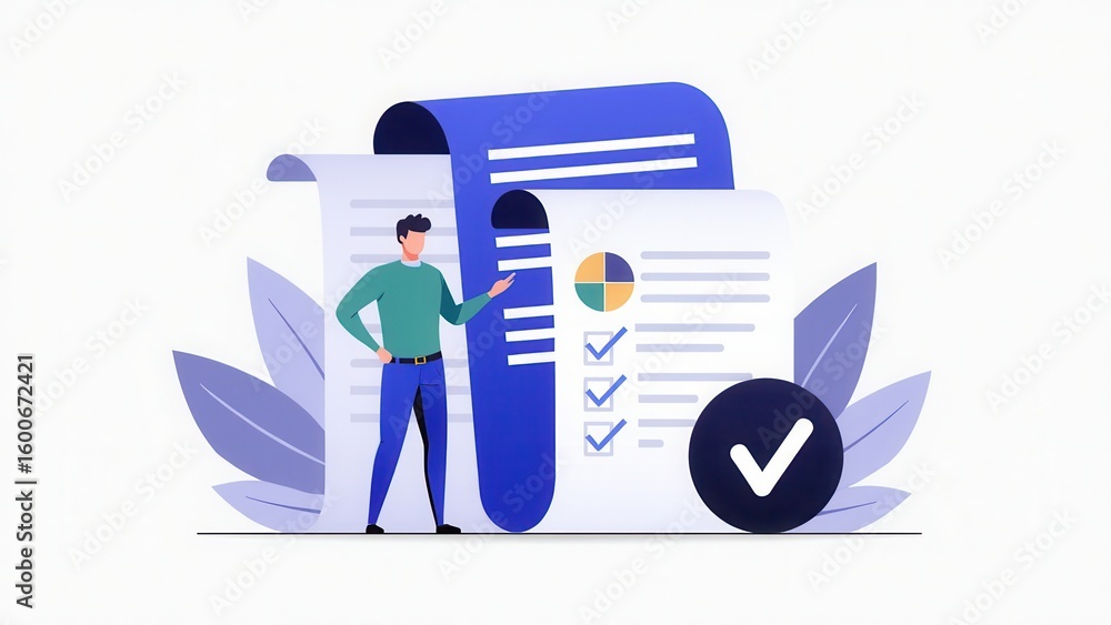 Poster document review and quality control concept. document with a checkmark, quality assurance, and proce