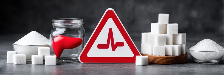 Raising Awareness on Diabetes - Pancreas Symbol Surrounded by Sugar Cubes and Danger Triangle with Copy Space
