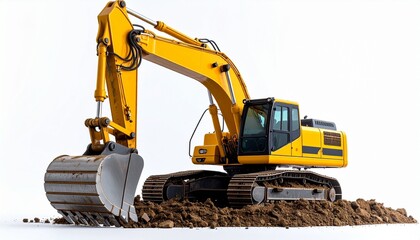 A yellow excavator perches atop a mound of dirt, symbolizing raw power, transformation, and the relentless drive of construction.