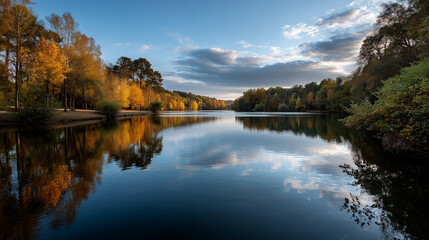 Obraz premium A Tranquil Lake At Golden Hour, Surrounded By Autumn Trees, Perfect Reflection, Soft Ripples, Photorealistic Landscape, Hdr, Wide Angle, 50mm Lens Style Raw