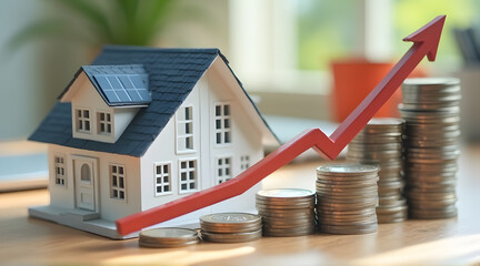 Real Estate Investment Growth Concept: House Model with Solar Panel and Coin Arrow