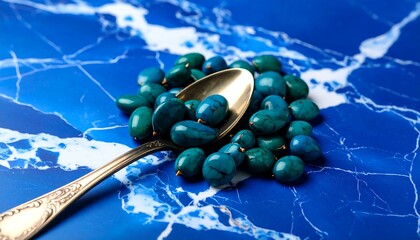 Teal gems on antique spoon, blue background