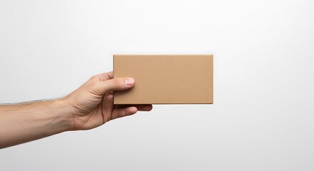 Male Hand with Light Hair Holding Blank Rectangular Kraft Box Against Clean White Studio Background