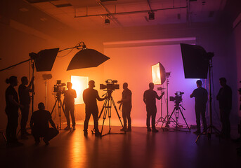 A group of filmmakers and crew members working with cameras and colorful lights in a professional studio setting.