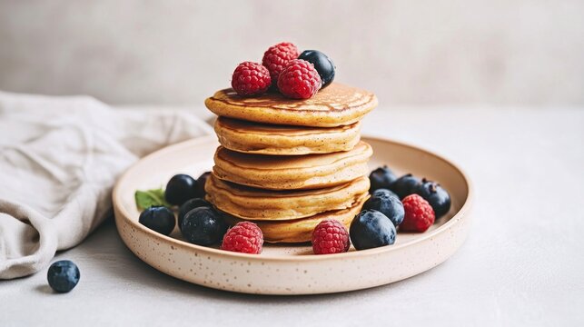 A stack of fluffy pumpkin pancakes topped with fresh raspberries and blueberries sits on a beige plate covered with a light cloth, showing off a delicious breakfast scene.