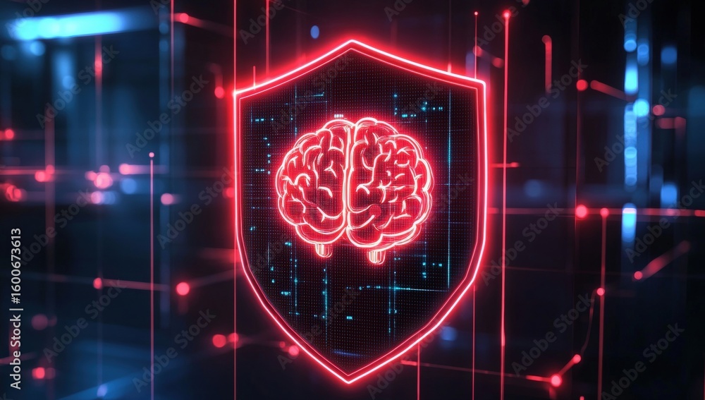 Poster a glowing red brain inside a shield shape, symbolizing cybersecurity or ai protection on a digital n