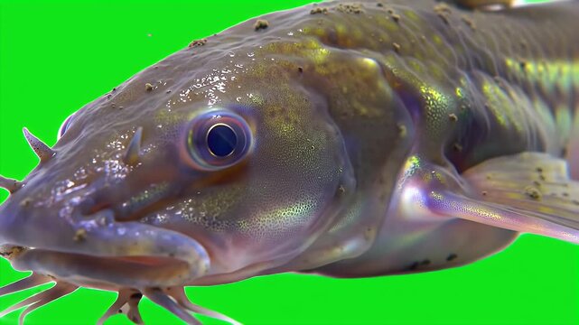 Close-up of a Burbot Fish Head Isolated on Green Screen for Easy Compositing and Background Removal