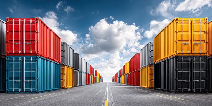 Industrial Perspective: Stacked Shipping Containers on Urban Street with Copy Space, Industrial Architecture Scene with Leading Lines