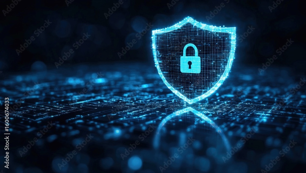 Poster a glowing digital shield with a padlock icon represents cybersecurity and data protection within a f