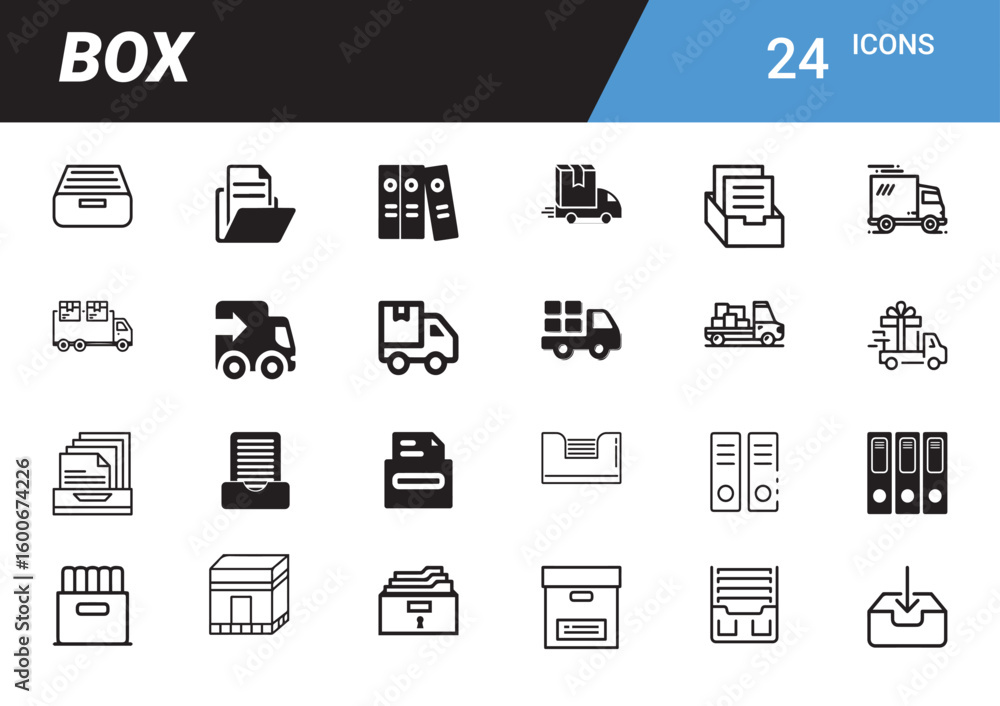 Poster box icons: a comprehensive set of versatile icons representing various uses of boxes, containers, an
