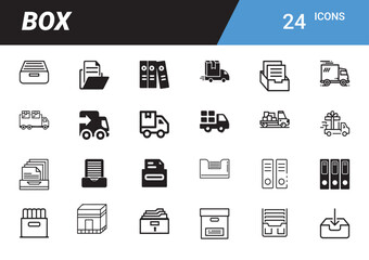 Box Icons: A comprehensive set of versatile icons representing various uses of boxes, containers, and storage, perfect for illustrating concepts of organization, delivery, and archiving.