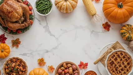 Festive holiday spread featuring turkey, pumpkin pie, and autumn harvest on a white marble surface, overhead view with space for text