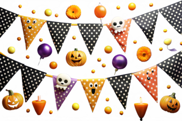 A festive halloween bunting banner features cute pumpkins skulls and ghosts with orange purple and black polka dot flags isolated on transparent background