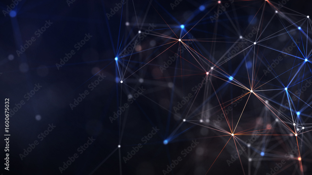 Poster abstract digital network with glowing nodes and lines on dark background. ideal for themes of ai, bi