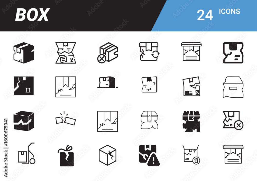 Poster box icons: a collection of icons showcasing boxes in various states and conditions, offering versati