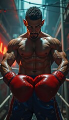 A powerful boxer with red gloves stands ready in a gritty urban boxing ring.