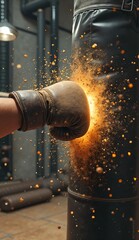 A powerful punch connects with a punching bag.