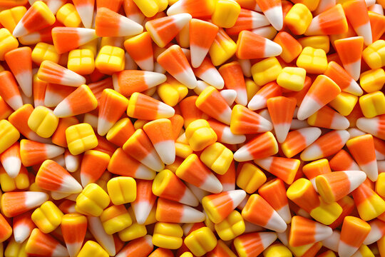 A closeup fullframe view of a large pile of colorful halloween candy corn sweets scattered across a surface