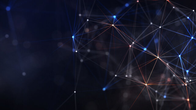 Abstract digital network with glowing nodes and lines on dark background. Ideal for themes of AI, big data, cybersecurity, communication, and futuristic technology.
- Powered by Adobe