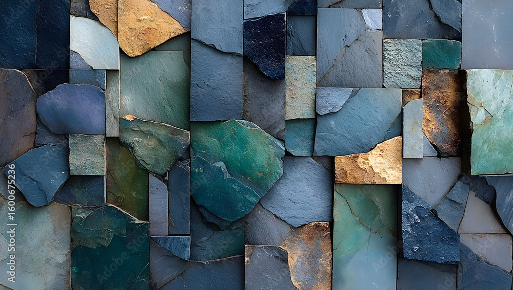 Poster a stunning close-up image of various slate stone pieces, showcasing intricate patterns and colors th