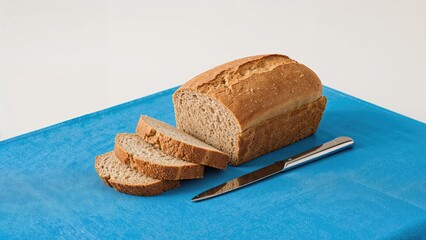 Knife resting beside sliced bread on blue table cover