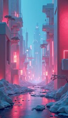 A futuristic city with glowing neon lights reflects in a canal.