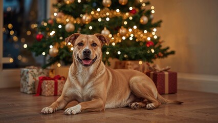 Happy dog resting near holiday tree
